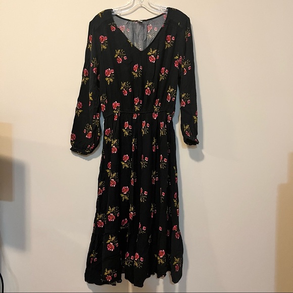 Old Navy XL Long Sleeve Black Floral Midi Dress Cottage Core - Picture 1 of 3